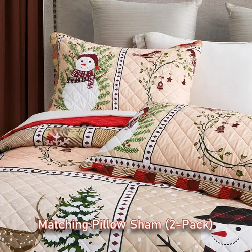 Miniatura 7 de HZ & HY Juego de ropa de cama navideña extra grande, colcha de tamaño queen, patrón de muñeco de nieve de invierno, juego de colcha a cuadros