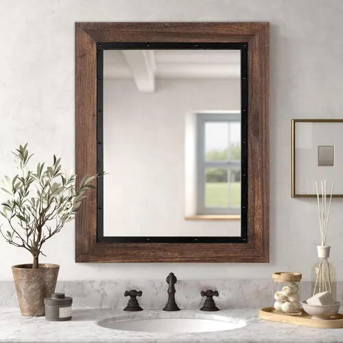 Miniatura 2 de YOSHOOT Espejo de pared con marco de madera rústica, 26 x 18 pulgadas, espejo de tocador de baño de madera natural y hierro para decoración de Marrón