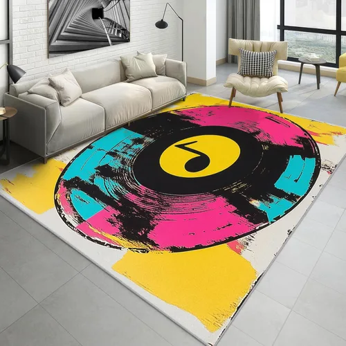 Music Rugs for Studio - 5x6 Rug - Music Home Decor - Colorful Music Note Area Rug - Retro Record Musical Notes Rugs for Living Room Bedroom - Music