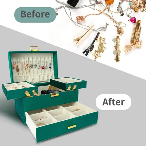 Miniatura 5 de Dajasan Jewelry Box for Women 3 Layers Large Velvet Jewelry Organizer Jewelry Storage Organizer Jewelry Case for Earring Ring Necklace Bracelets