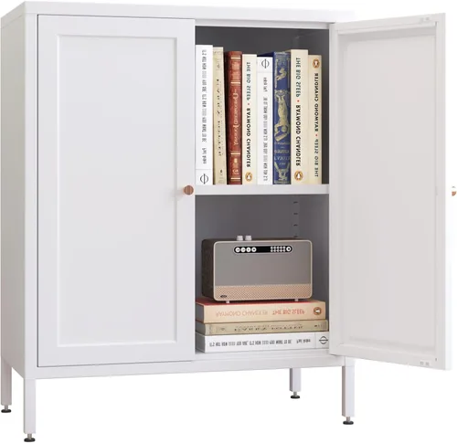 Miniatura 26 de Gabinete de almacenamiento lateral de metal pequeño de 2 puertas para habitación, entrada, pasillo, cocina, 1 estante extraíble.