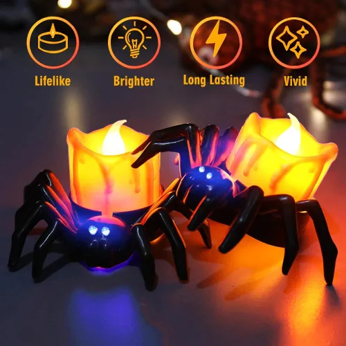Miniatura 2 de Paquete de 6 velas LED sin llama de Halloween, velas LED de araña 3D con luz amarilla y morada cálida brillante, funciona con pilas, luces LED