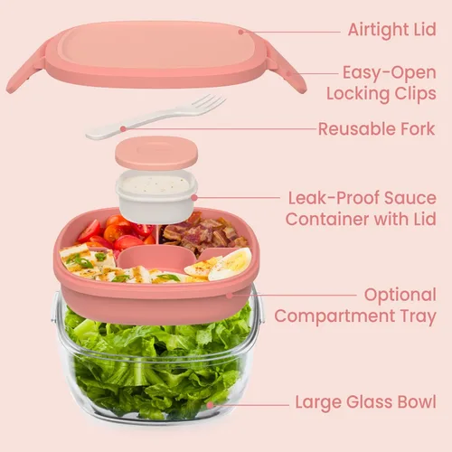 Miniatura 5 de Bentgo Recipiente de Ensalada de Vidrio Todo en Uno - Ensaladera Grande de 61 oz con Tapa, Bandeja Estilo Bento de 4 Compartimentos, Recipiente
