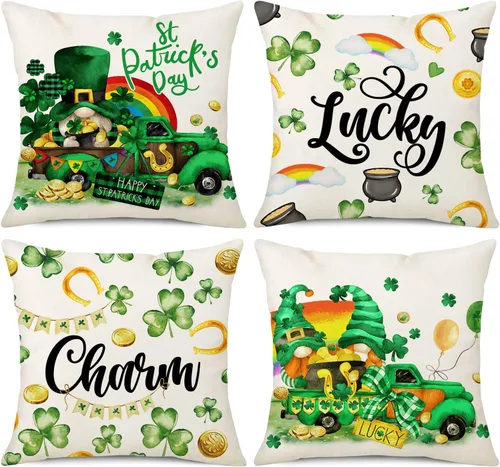 NIGHTWISH Juego de 4 fundas de almohada del Día de San Patricio de 16 x 16 pulgadas, diseño de gnomo de camión de trébol, decoración del día de San