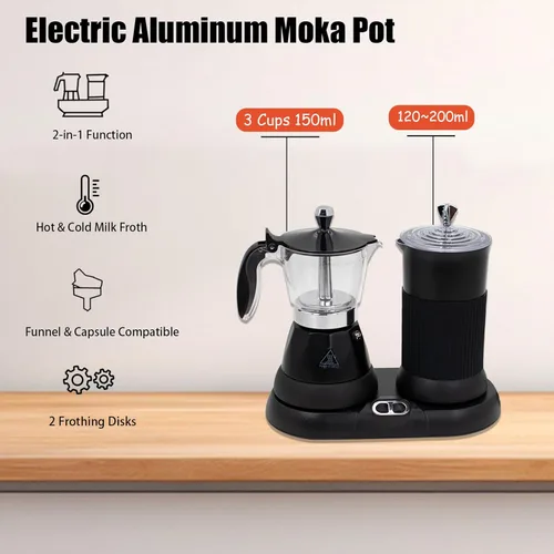 Miniatura 3 de Máquina de café expreso con espumador de leche, olla eléctrica de moka 2 en 1, máquina de café expreso de aluminio con un solo toque, espuma de Negro