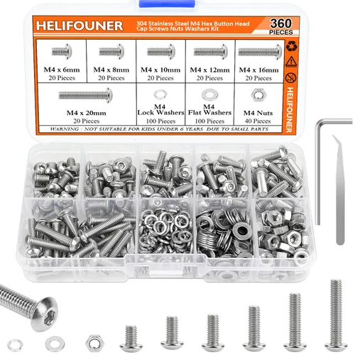 HELIFOUNER 360 piezas M4 x 0.236 in /0.315 in /0.394 in /0.472 in /0.630 in /0.787 in, cabeza de botón hexagonal, tornillos métricos, pernos,