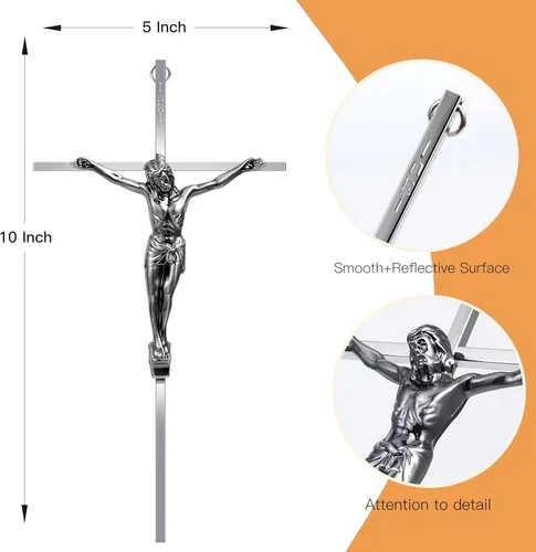 Miniatura 4 de ALDENTA Crucifijo de pared, cruz católica de metal para pared, crucifijo de Jesús plateado de 10 pulgadas para decoración del hogar