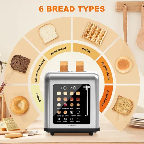 Miniatura 4 de Tostadora de 2 rebanadas con pantalla táctil, tostadoras de acero inoxidable con temporizador digital, tostadoras de 2 ranuras, 8 ajustes de sombra