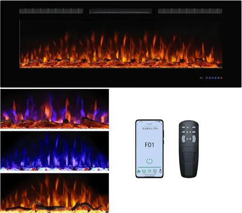 Miniatura 16 de Chimenea eléctrica de 45 pulgadas, insertos de chimenea para montar en la pared y empotrar, llama multicolor con 5 atenuadores, termostato