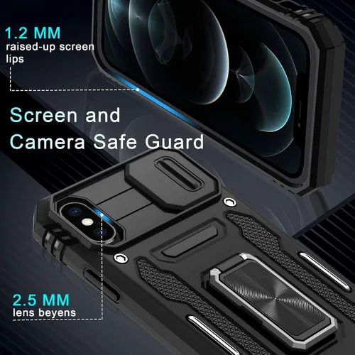 Miniatura 94 de DEERLAMN Funda para iPhone Xs Max con funda deslizante para cámara + protector de pantalla, soporte giratorio de anillo de grado militar a prueba