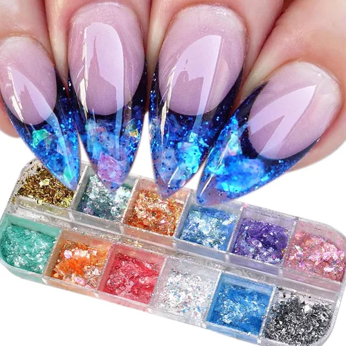 Miniatura 2 de Brillantina holográfica para uñas, 12 rejillas, ópalo con purpurina en polvo, dijes de uñas, piedras de sirena, lentejuelas iridiscentes, escamas
