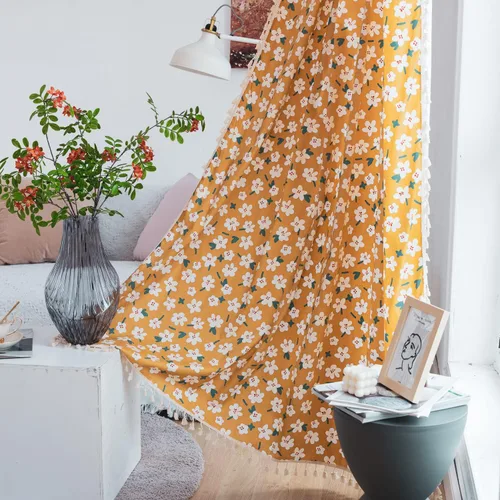 Miniatura 72 de Deeprove Cortinas bohemias para dormitorio, rayas huecas de ganchillo crema y estampado floral, tela de lino de algodón, con borlas beige bohemias