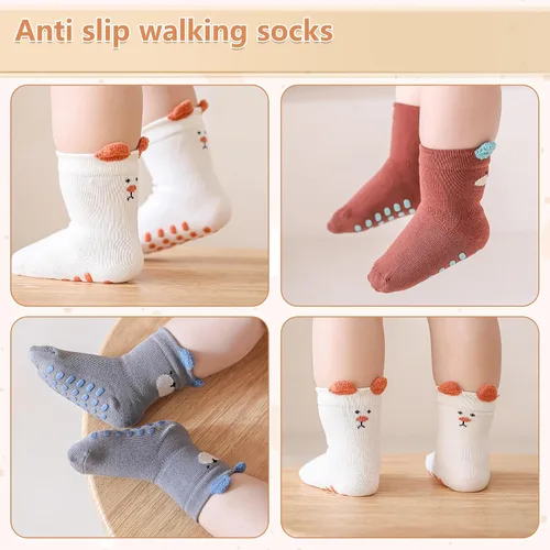 Miniatura 5 de Adorable diseño de animales de dibujos animados calcetines de algodón antideslizantes para bebés, 5 pares de calcetines antideslizantes para niños