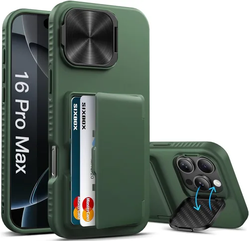 Miniatura 14 de Funda para iPhone 16e tipo cartera, soporte integrado, tarjetero y cubierta para lente de cámara, protección de cuerpo completo, resistente, Negro