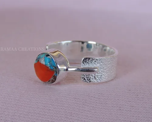 Miniatura 8 de Spiny Oyster Copper Turquoise Ring Handmade Round Turquoise Silver Ring Statement Handmade Jewelry Sterling Silver 925