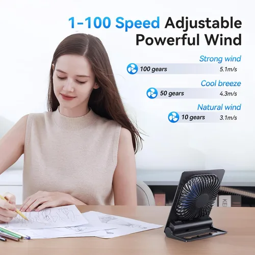 Miniatura 2 de Ventilador de escritorio, ventilador ultrafino de 6.61 pulgadas con batería de 5000 mAh con viento potente, 100 velocidades ajustables y pantalla