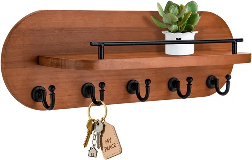 SANY DAYO HOME Soporte para Llaves de Pared de Madera Marrón con Perchero de Entrada con 5 Ganchos Dorados, Barandilla de Estante de Metal para