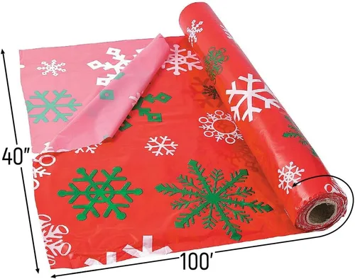 Miniatura 2 de Fun Express Rollo de mantel estampado de copo de nieve rojo para Navidad (100 pies de largo y desechable) suministros de fiesta