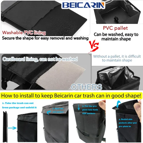 Miniatura 2 de Cubo de basura para automóvil con tapa - Bolsa de basura colgante con bolsillos de almacenamiento a prueba de fugas, organizador de SUV plegable