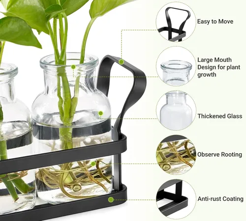 Miniatura 4 de Mkono Estaciones de propagación con soporte de metal, plantas de escritorio, terrario de vidrio, jarrón para plantas hidropónicas, corte de flores