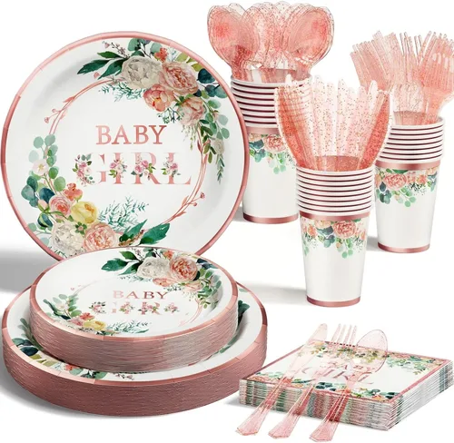 Decoraciones de baby shower para niña, juego de vajilla desechable de 175 piezas de suministros florales para fiestas (25 invitados) con platos de