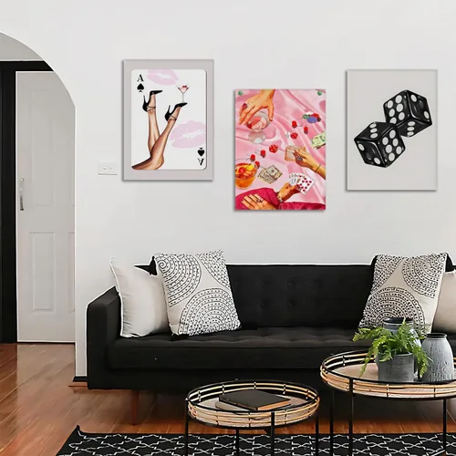 Miniatura 3 de Juego de 3 arte de pared de dados de póker enmarcados en blanco y negro, impresiones en lienzo estéticas retro Y2K, fotos de póster rosa de moda