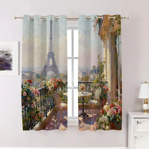 Miniatura 23 de Cortinas opacas de cocina con pintura al óleo de Europa rosa y negra para ventanas, cenefas opacas modernas de torre Eiffel de poliéster multicapa