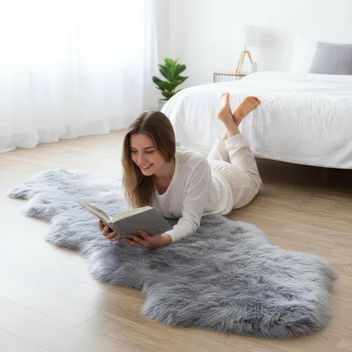 Miniatura 21 de Alfombra de Piel de Oveja Genuina Azul Playa de 2x3 pies, Alfombra de Acento de Piel Real Suave de Una Sola Piel para Silla, Funda de Asiento