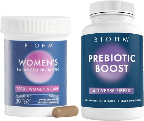 BIOHM Paquete de prebióticos y probióticos para mujeres, suplemento de fibra con inulina y pectina de manzana en polvo, 60 cápsulas con probióticos
