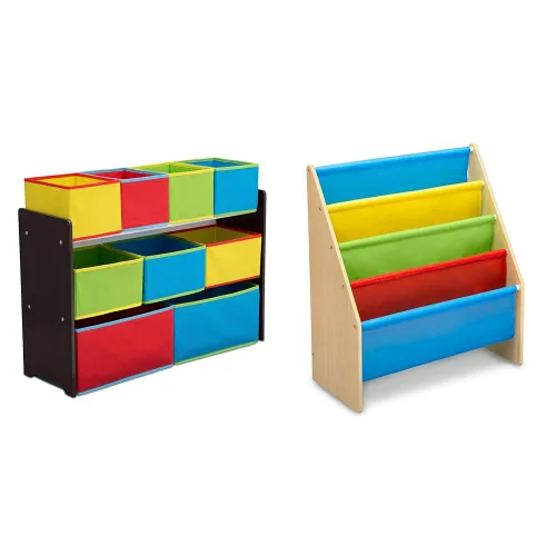 Delta Children Organizador de juguetes de lujo con cubos de almacenamiento y estante para libros, estante de madera de 4 niveles con bolsillos de