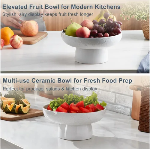 Miniatura 6 de ONEMORE Frutero de cerámica de 10 pulgadas, tazón grande de pedestal blanco con diseño de patas extraíbles y agujeros de drenaje para encimera