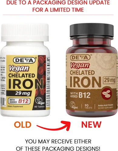 Miniatura 2 de Deva Nutrition Hierro quelado vegano 29 mg fortificado con B-12 - Alta potencia, fácil de tragar - 90 tabletas, paquete de 2
