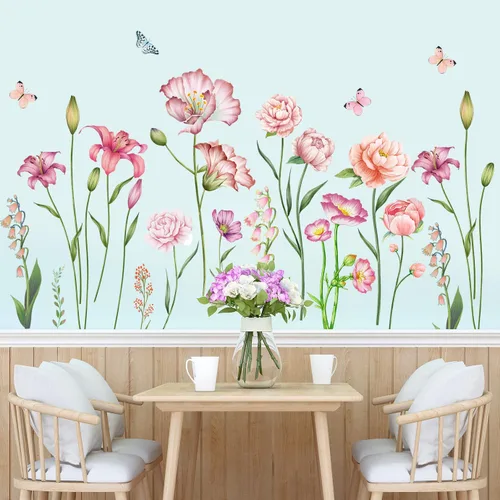 Miniatura 4 de Amaonm - Adhesivo de pared extraíble de flores frescas y mariposa voladora, libélula azul, rosa, lirio, amapola, peonía, floral, calcomanía de pared