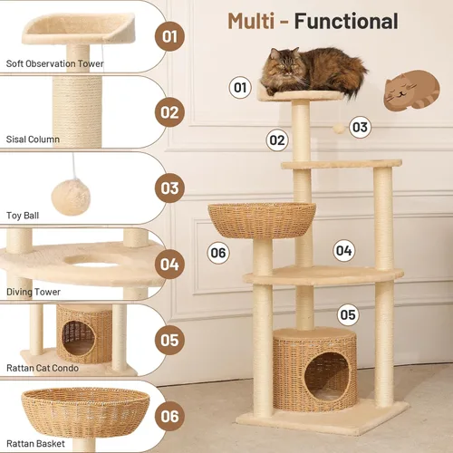 Miniatura 6 de Moderno árbol de ratán para gatos, torre de escalada alta y resistente con poste rascador, cesta, cama y soporte para gatos adultos grandes