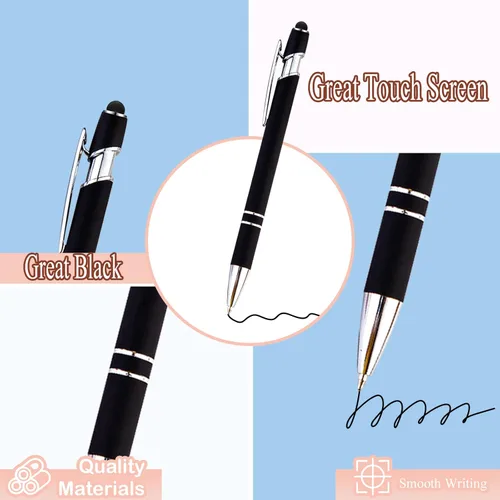 Miniatura 4 de PASISIBICK Bolígrafo negro de 12 piezas con punta de lápiz capacitivo, 2 en 1, elegante bolígrafo de metal para pantalla táctil, tinta negra, punta