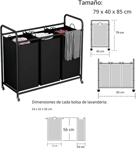 Miniatura 7 de LINZINAR Cesta de lavandería de 3 bolsas para organizar la lavandería, con ruedas enrollables y bolsas extraíbles (negro)