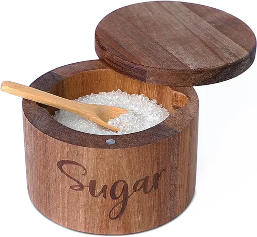 Caja de especias de madera de acacia con cubierta giratoria para encimera de cocina, conservador de sal con cuchara integrada, moderno decorador de