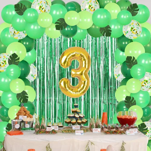 Miniatura 4 de Decoraciones de dinosaurio de tercer cumpleaños para niños, kit de guirnalda de globos de dinosaurio, 3 globos de aluminio REX, hojas artificiales