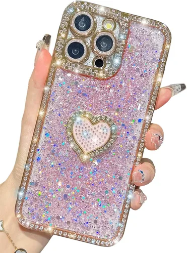Miniatura 18 de Bling Glitter Heart compatible con iPhone 13 Pro de 6.1 pulgadas, bonito protector de cámara completo brillante para mujer, funda de teléfono Oro