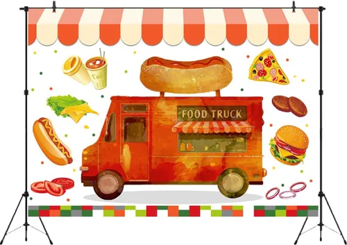 Miniatura 2 de Telón de fondo de camión de comida, 7 x 5 pies, para perros calientes, pizza, hamburguesas, cafeterías, camiones, tiendas, fondo de fotografía