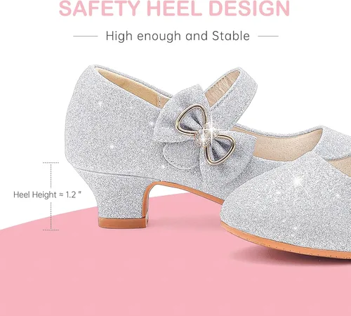 Miniatura 6 de Dufannie Zapatos de vestir para niñas, zapatos de tacón bajo de princesa, zapatos planos con purpurina para bodas y fiestas