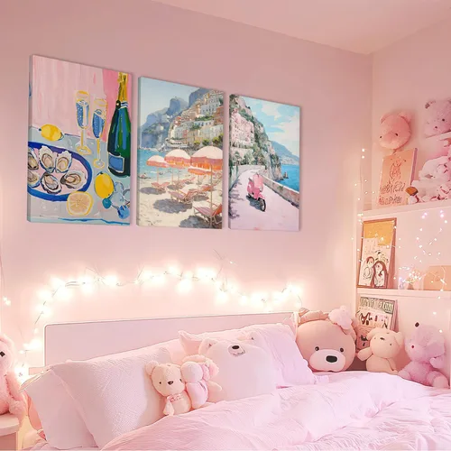 Miniatura 8 de HNNXAR Amalfi Coast - Lienzo decorativo para pared, pintura italiana de playa, pintura artística italiana, fruta, champán, juego de 3, decoración
