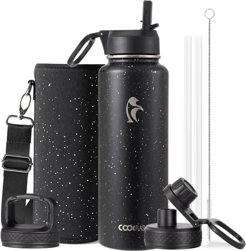 Miniatura 41 de Coolflask Botella de agua de 20 onzas aislada con pajilla, 3 tapas de metal de acero inoxidable, botella de agua de boca ancha para deportes u