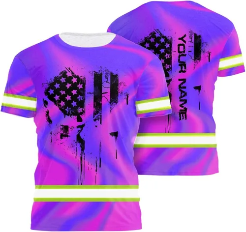 Miniatura 20 de Camisa de alta visibilidad de calavera con bandera de Estados Unidos para hombres, camisas de seguridad con nombre personalizado, ropa de trabajo