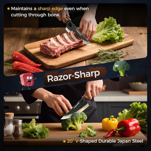 Miniatura 3 de Juego de 3 cuchillos de carnicero para cortar, cuchilla japonesa para carne forjada a mano para cocinar, cuchillo de cocina de alto carbono y juego