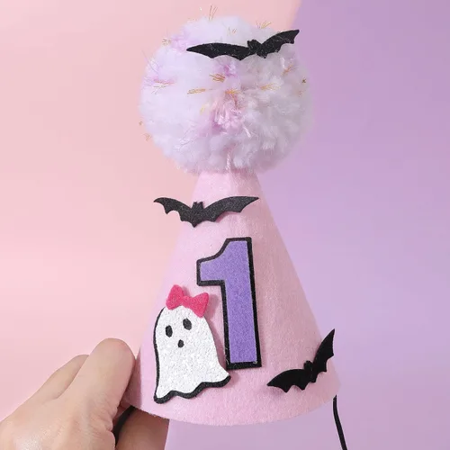 Miniatura 7 de Sombrero de fantasma rosa de Halloween para primer cumpleaños con murciélagos, corona espeluznante de un cumpleaños, bonita decoración de Halloween