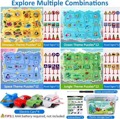 Miniatura 2 de VESPRO Juego de pista de autos para niños de 100 piezas - 4 series de rompecabezas de carreras para niños pequeños, juguetes educativos para niños
