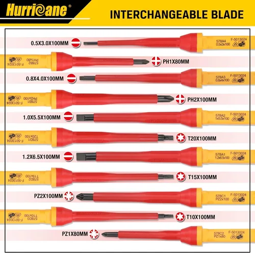 Miniatura 3 de HURRICANE Juego de destornilladores aislados para electricista profesional de 13 piezas, 1000V Cr-V punta magnética, herramientas eléctricas
