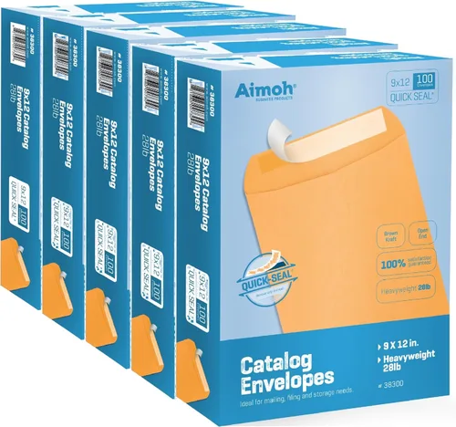 Aimoh Sobres de catálogo de papel kraft marrón autosellado de 9 x 12 pulgadas, 28 libras, 9 x 12 pulgadas, 1 caja, 5 paquetes, 500 sobres (38300-CS)