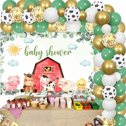Miniatura 7 de Decoraciones de baby shower de animales de granja azules – Kit de arco de guirnalda de globos de animales de granja con fondo de bienvenida